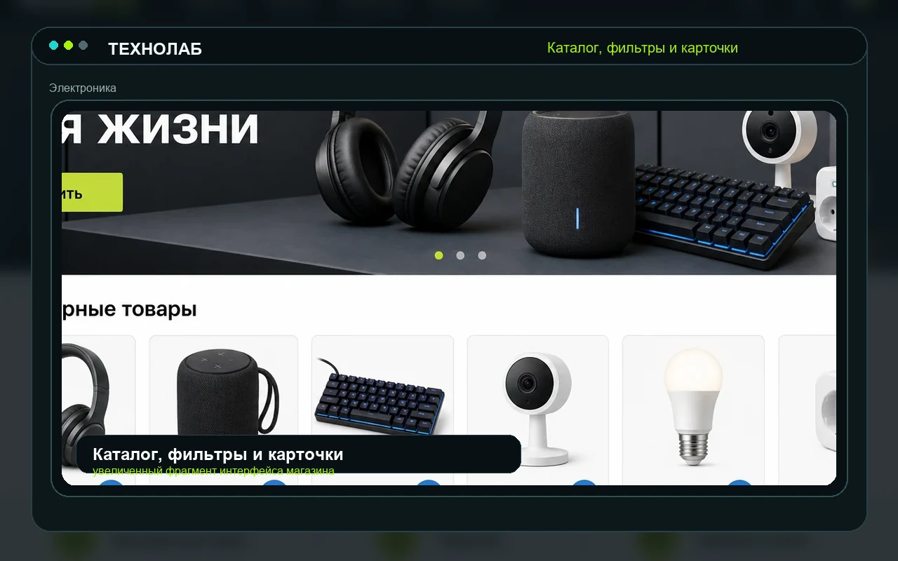 Каталог, фильтры и карточки