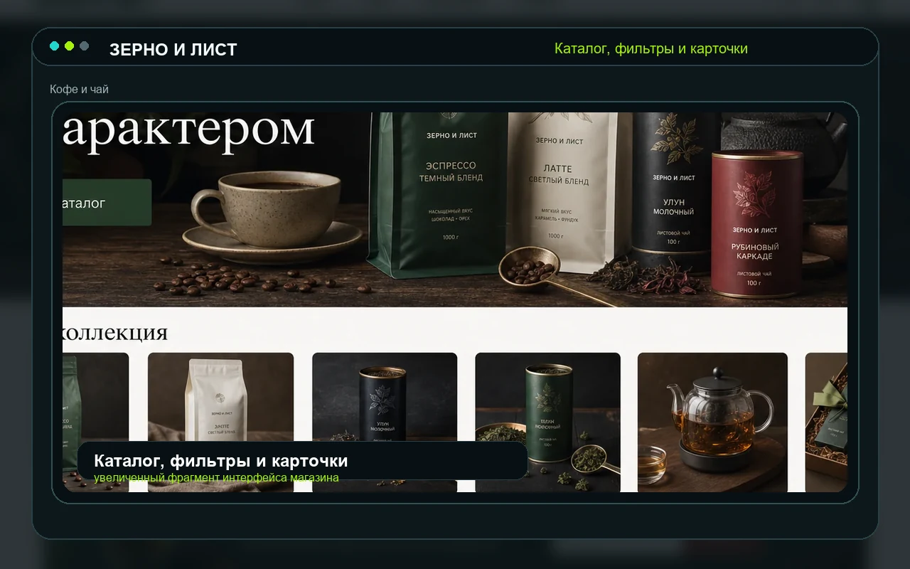 Каталог, фильтры и карточки