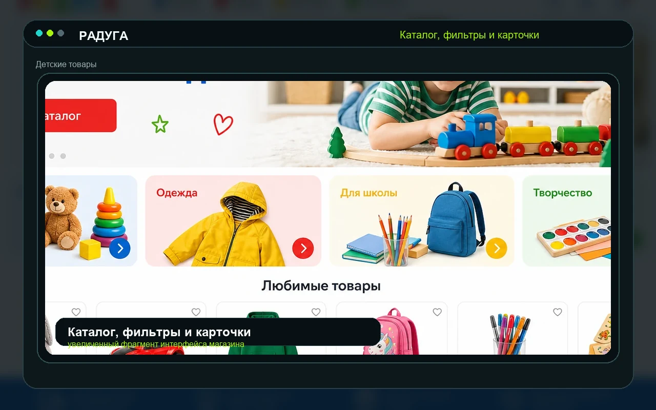 Каталог, фильтры и карточки