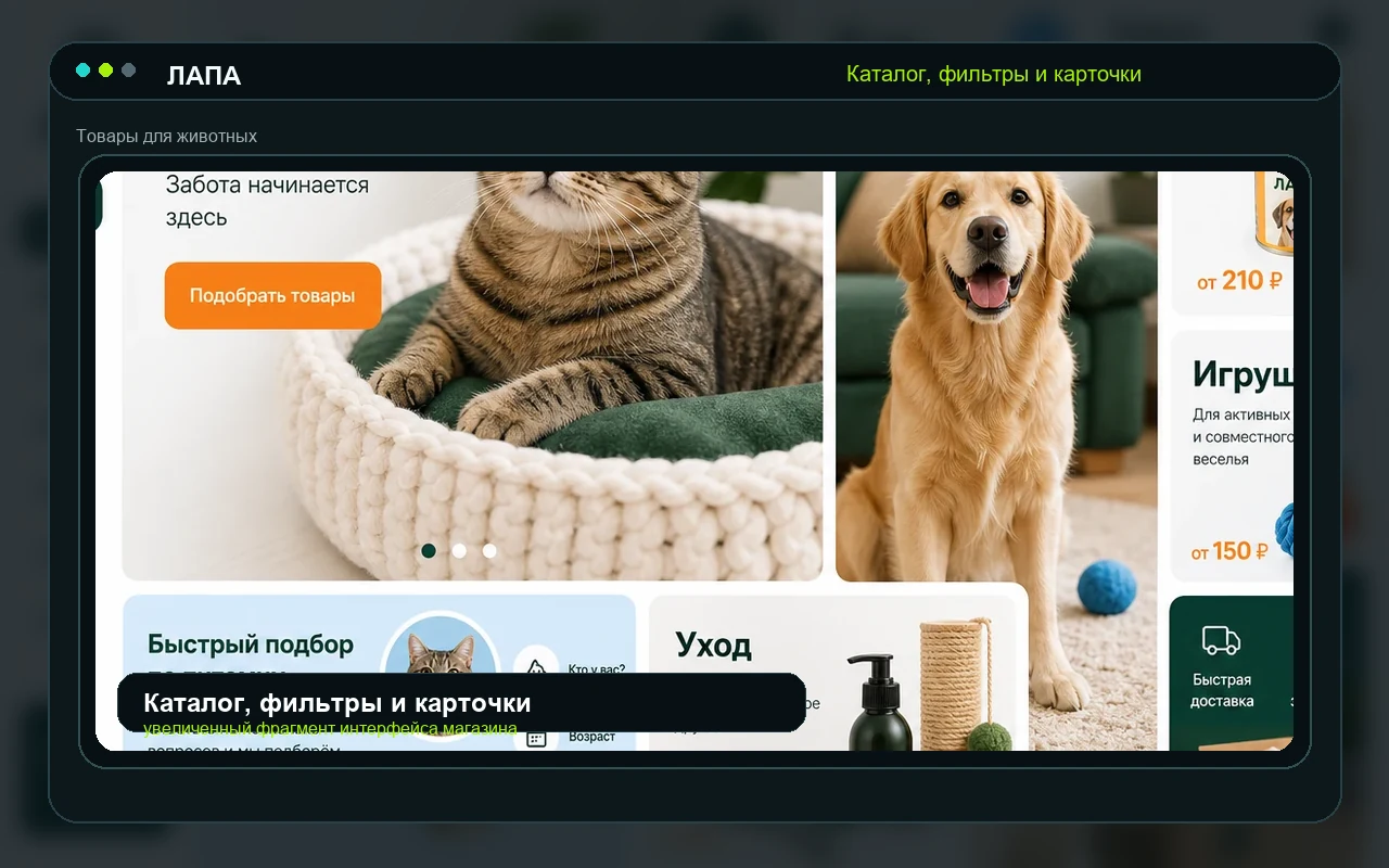 Каталог, фильтры и карточки